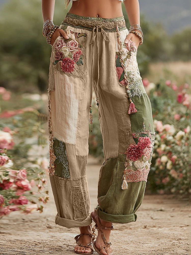 Love & Health Collection Retro Rose And Floral Patchwork Art Linen Pants