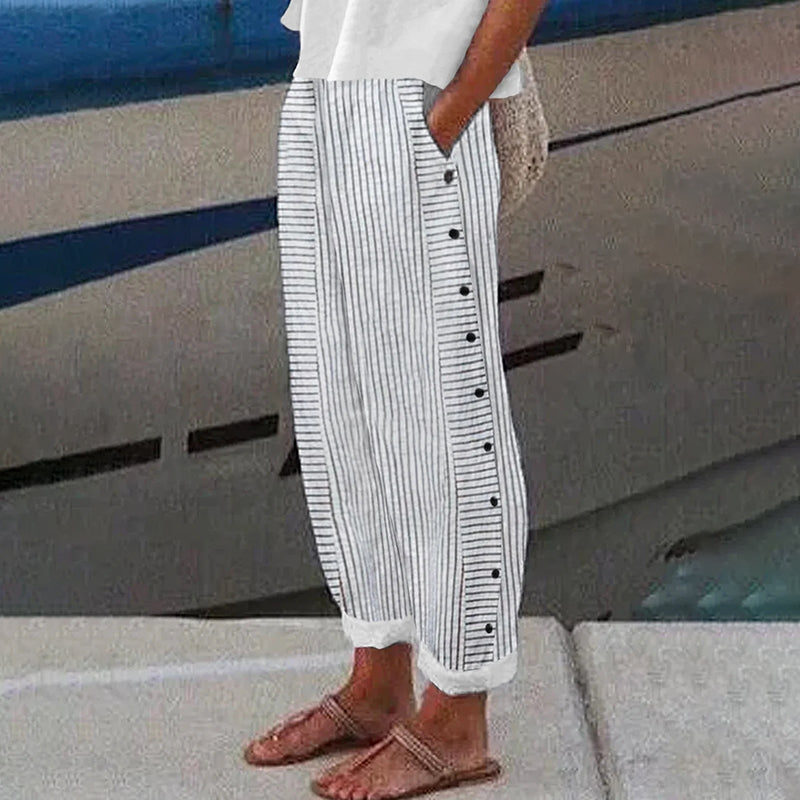 Vintage Stripes Printed Cotton Linen Cozy Pants