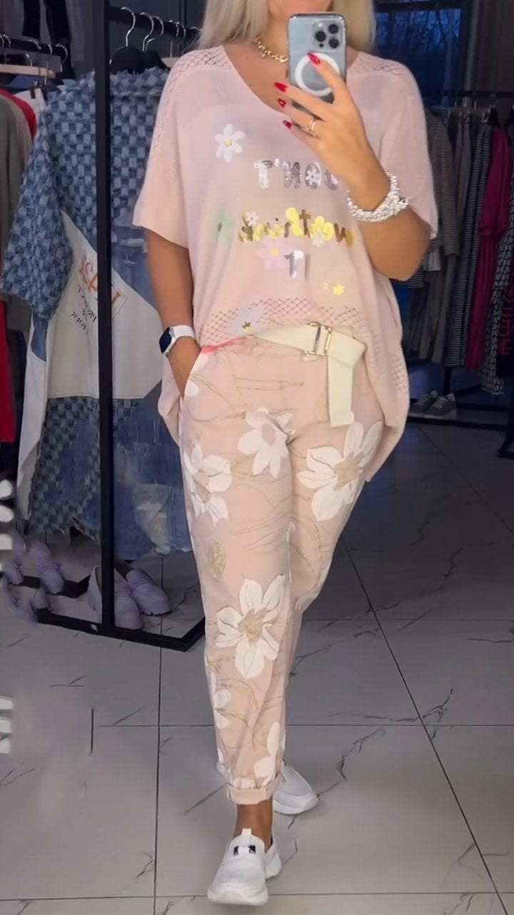 Lace Letter Top and Floral Casual Pants Two-piece Set