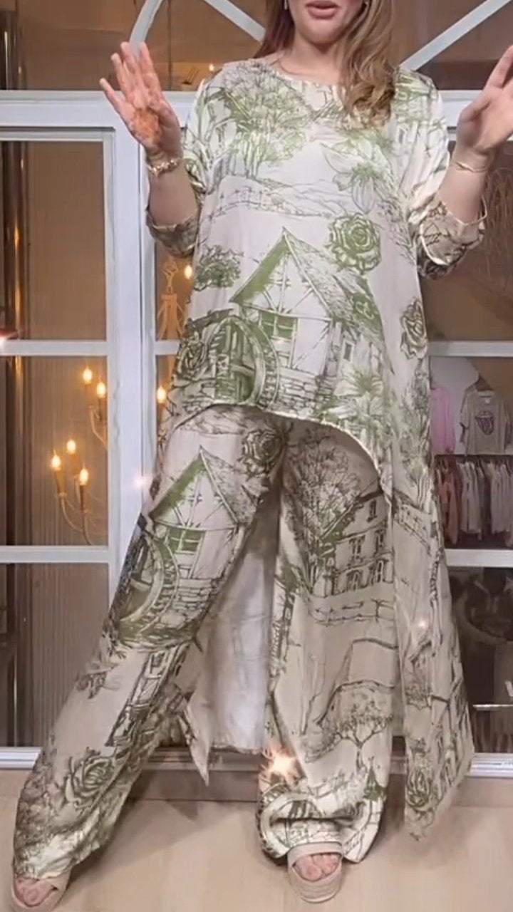 Round Neck Casual Long Sleeve Printed Two Piece Suit
