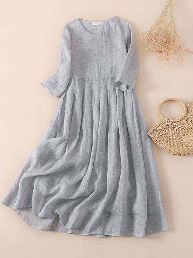 Ramie Solid Loose Pleated Dress