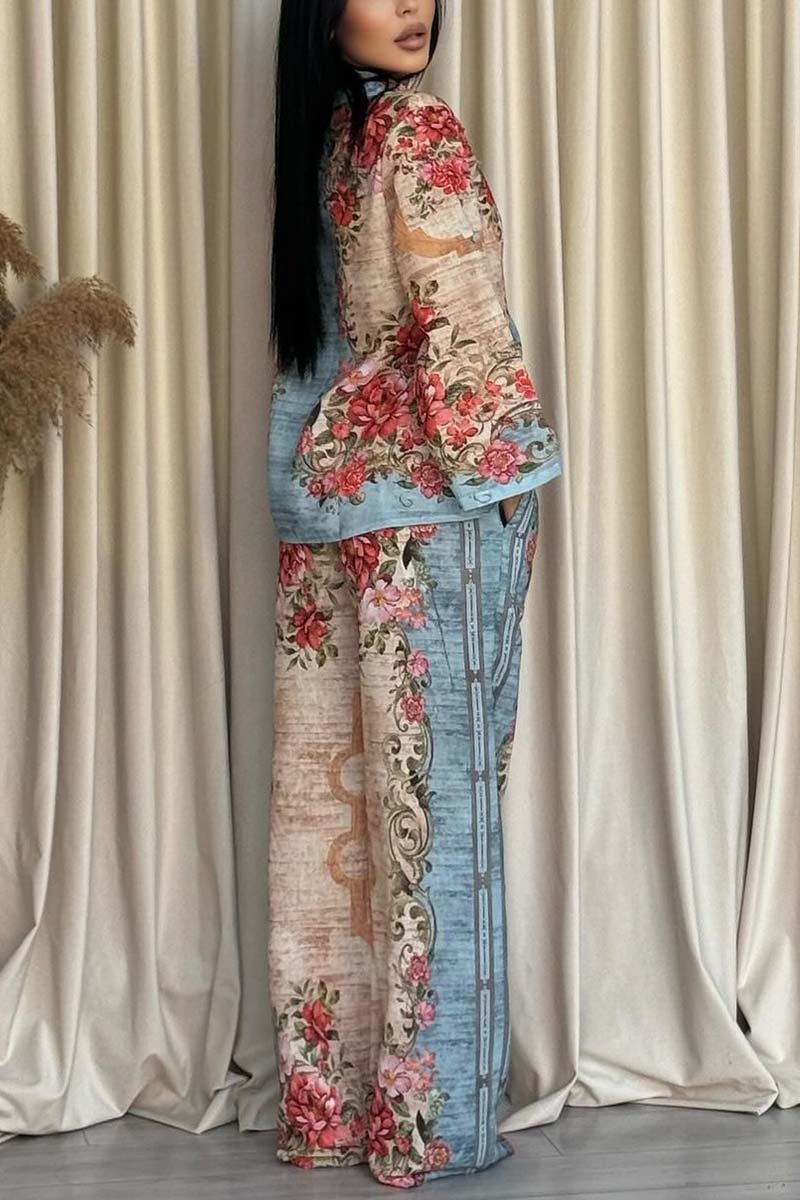 Women's Casual Contrast Print Pants Suit
