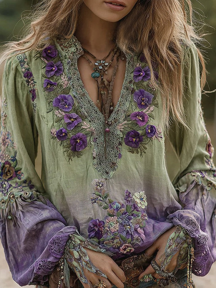 Vintage Classy Gradient Purple Pansy Embroidered Art Linen Long Sleeve Blouse
