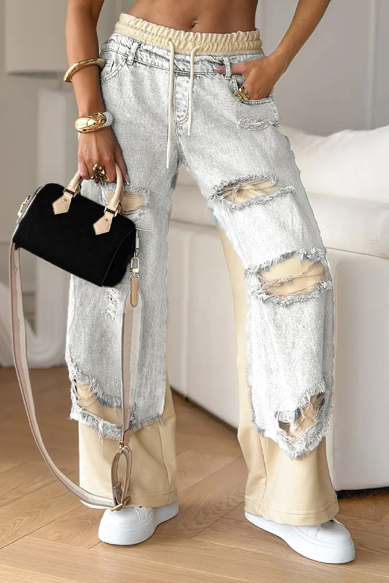 Women's Denim Trousers with Stitching and Ripped Design