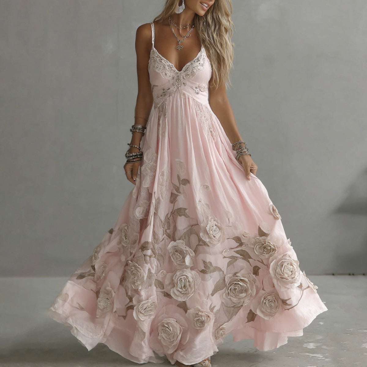 Women's Vintage Rose Embroidery Art V-neck Suspender Maxi Dress