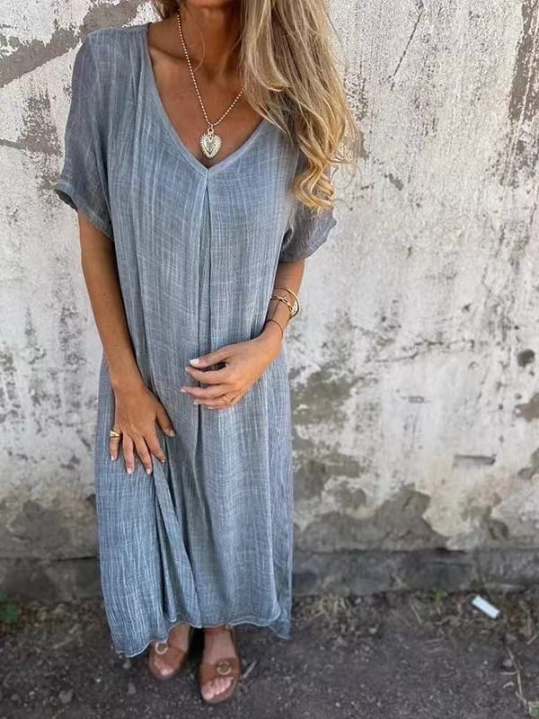 Cotton and Linen V-neck Midi Dress (Buy 2 Free Shipping)