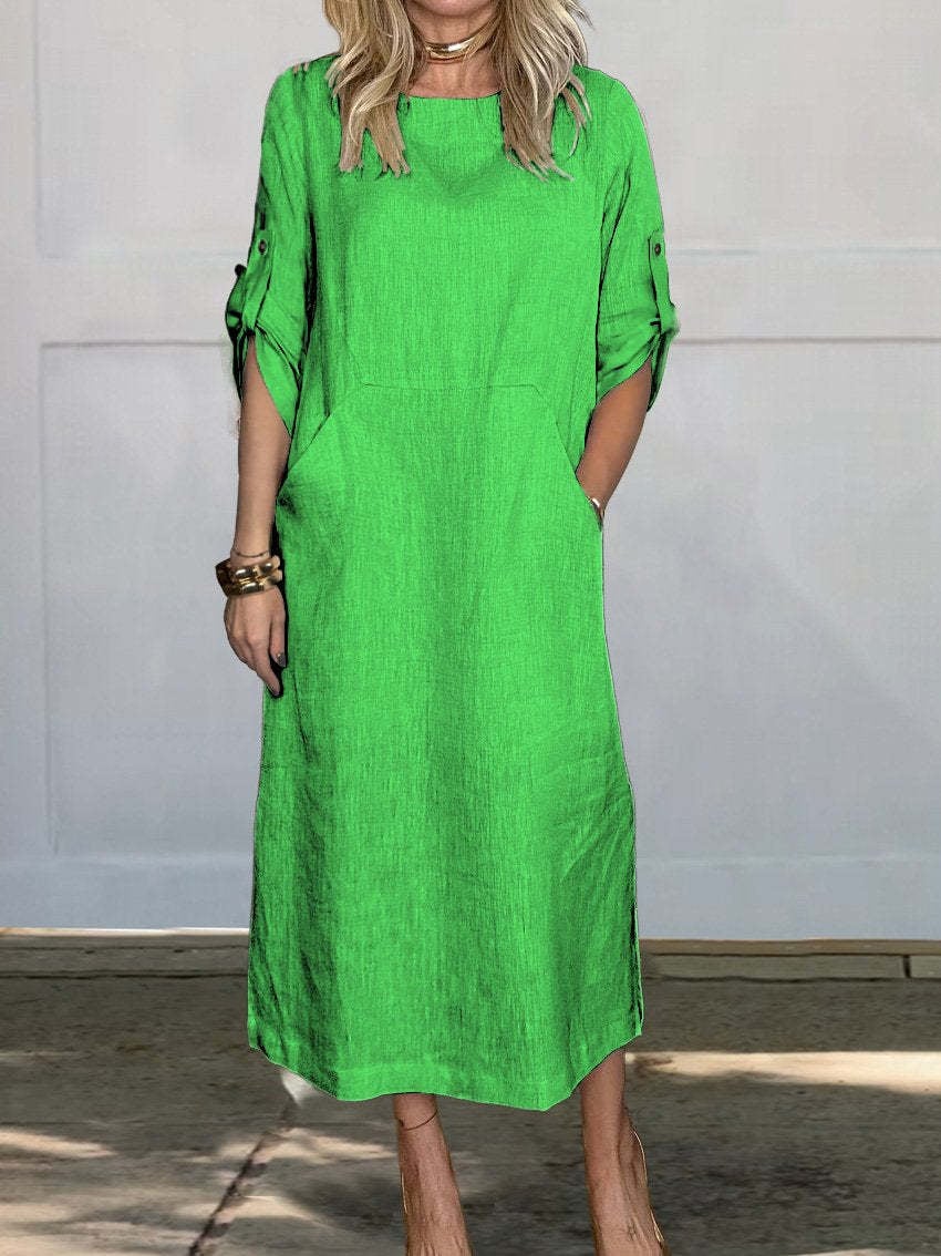 🔥HOT SALE🔥Women Summer Solid Color Linen Cotton Casual Double Side Pocket Dress(ALMOST SOLD OUT)