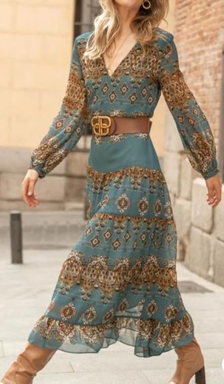 Women's Flowy Ethnic Puff Long Sleeve Midi Dress Casual Boho Floral Swing V-Neck Vacation Ruffle Dress with Belt