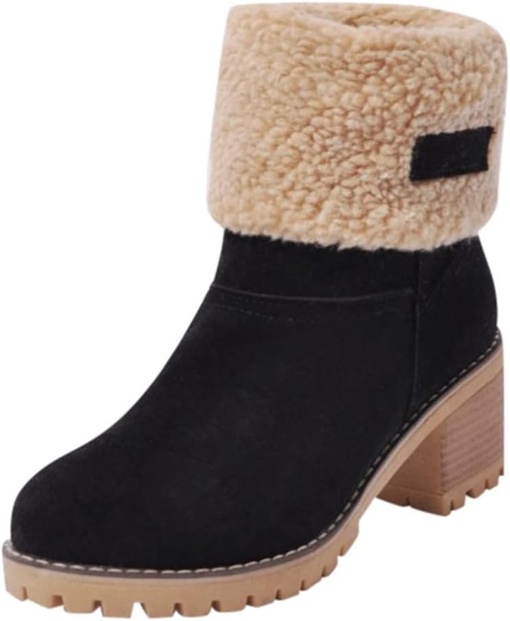 Women's Solid Color Fuzzy Boots, Soft Sole Chunky Heel Fleece Lining Boots, Winter Non-slip Snow Boots