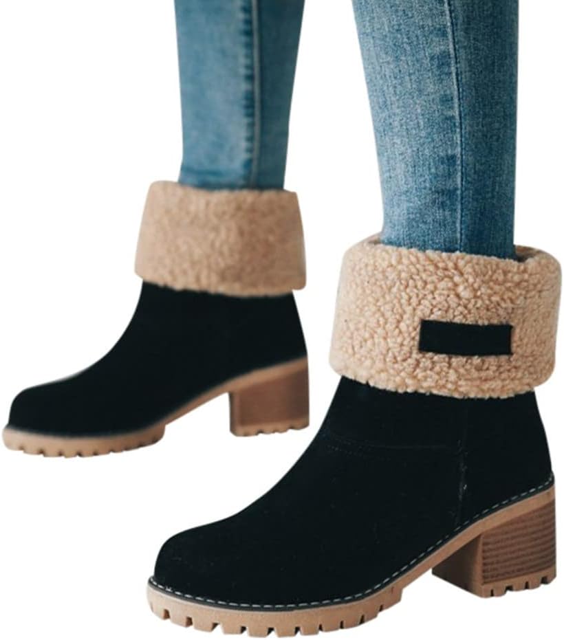 Women's Solid Color Fuzzy Boots, Soft Sole Chunky Heel Fleece Lining Boots, Winter Non-slip Snow Boots