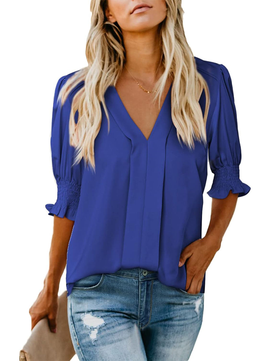 Women's Solid Casual V Neck Puff Sleeve Shirts (Buy 2 Free Shipping)