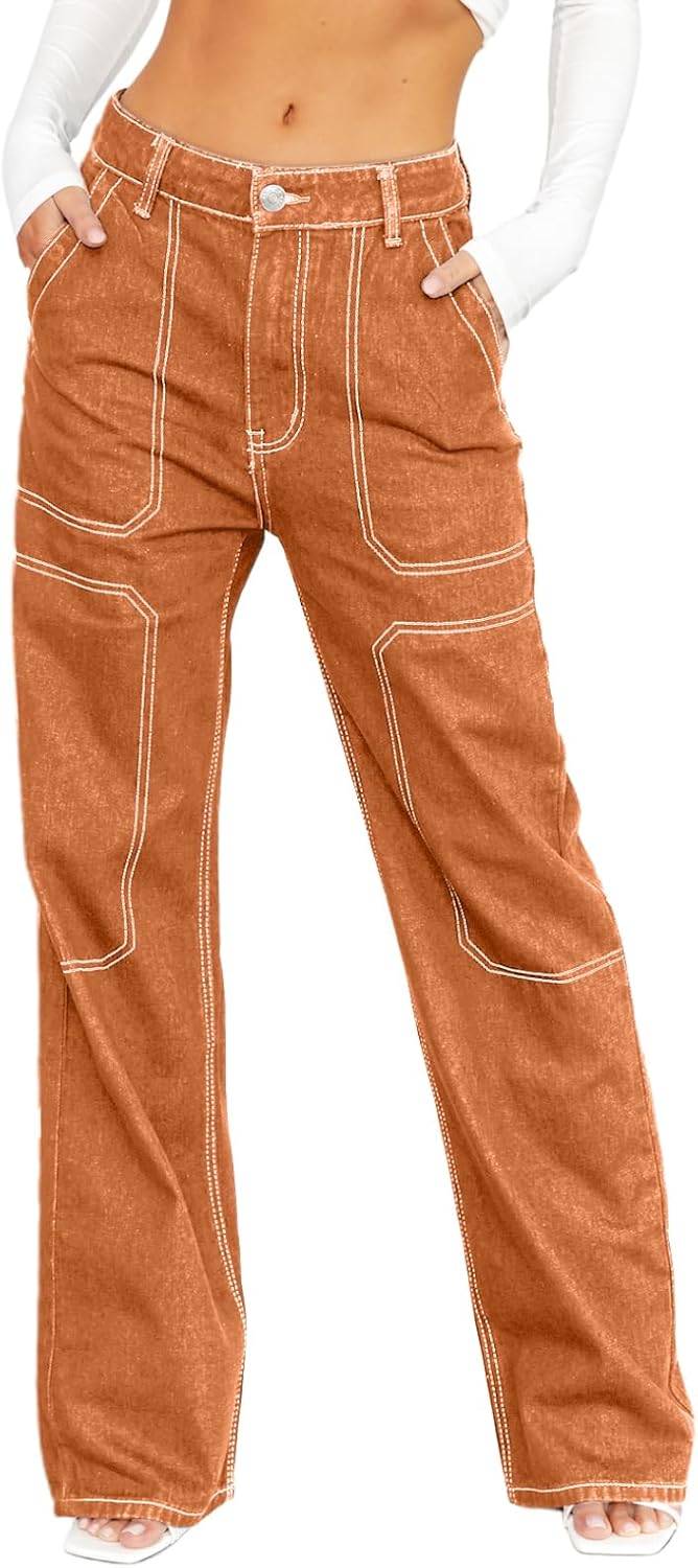 Dokotoo Women's Casual Mid Waist Cargo Jeans Stretch Wide Leg Denim Pants with Pockets