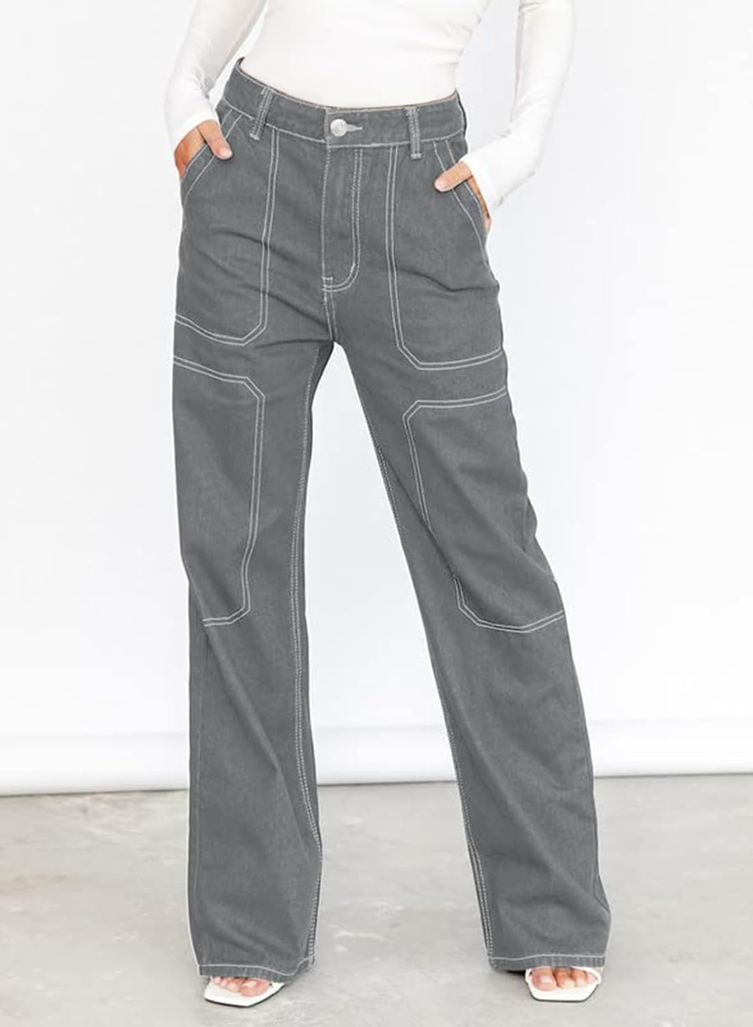 Dokotoo Women's Casual Mid Waist Cargo Jeans Stretch Wide Leg Denim Pants with Pockets