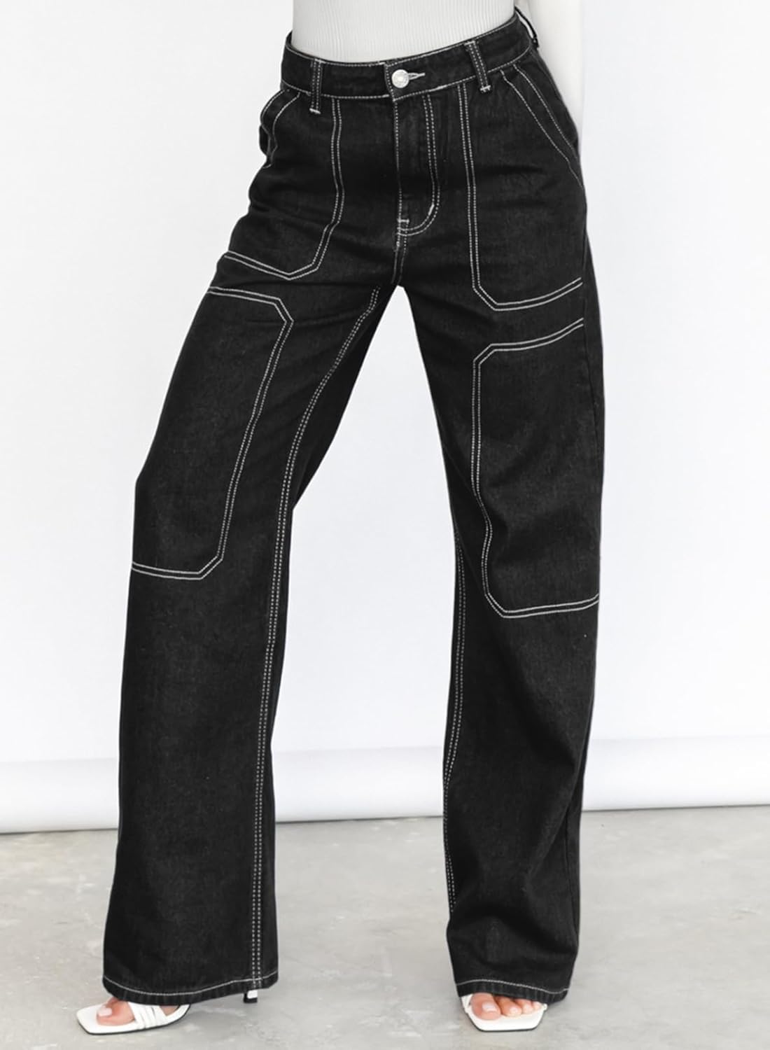 Dokotoo Women's Casual Mid Waist Cargo Jeans Stretch Wide Leg Denim Pants with Pockets
