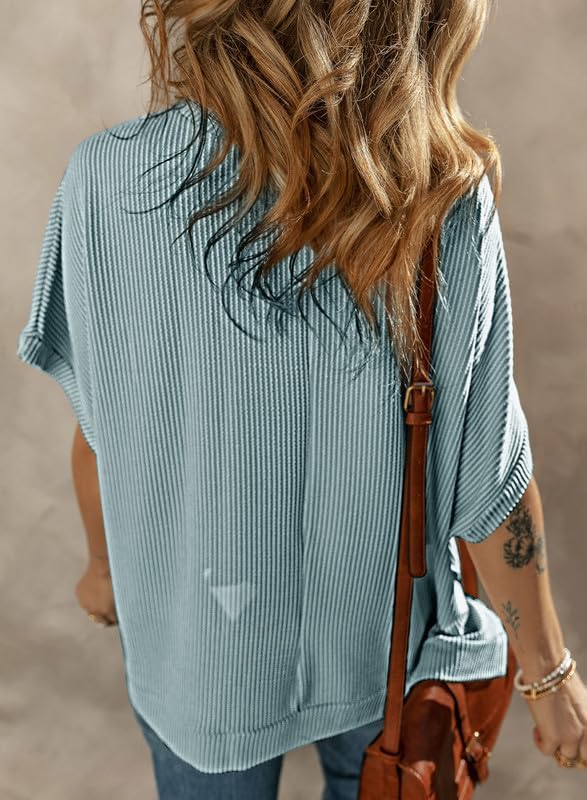 Dokotoo Women's Casual Oversized Short Sleeve Solid Color Loose Texture Knit Tunic Tops Blouses