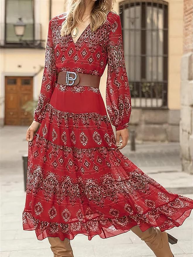Women's Flowy Ethnic Puff Long Sleeve Midi Dress Casual Boho Floral Swing V-Neck Vacation Ruffle Dress with Belt