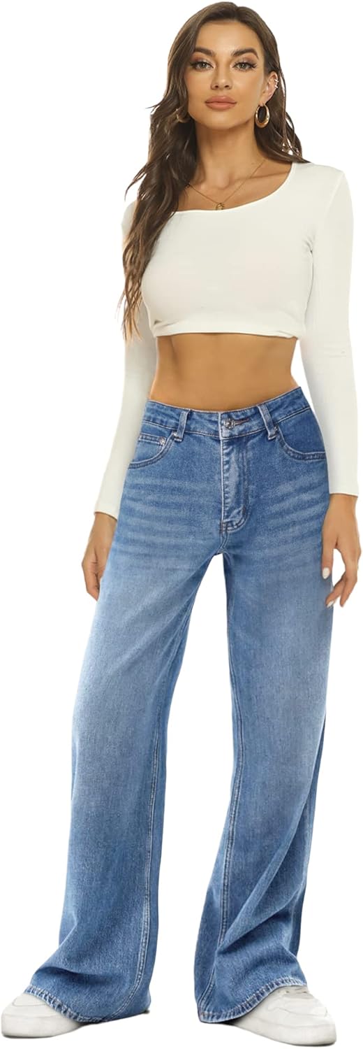HDLTE Women Wide Leg Jeans High Waist Baggy Jeans Loose Boyfriend Jeans Denim Pants Y2K