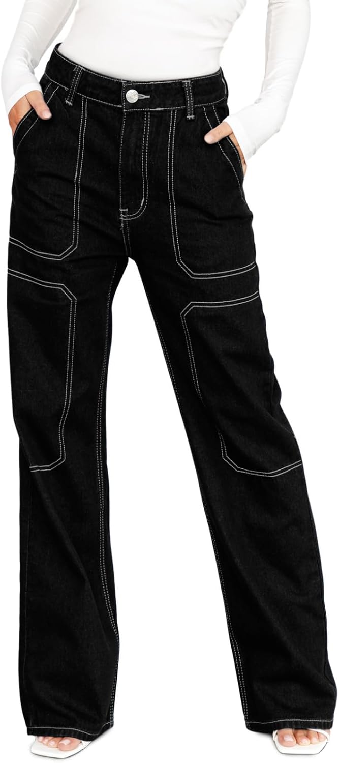 Dokotoo Women's Casual Mid Waist Cargo Jeans Stretch Wide Leg Denim Pants with Pockets