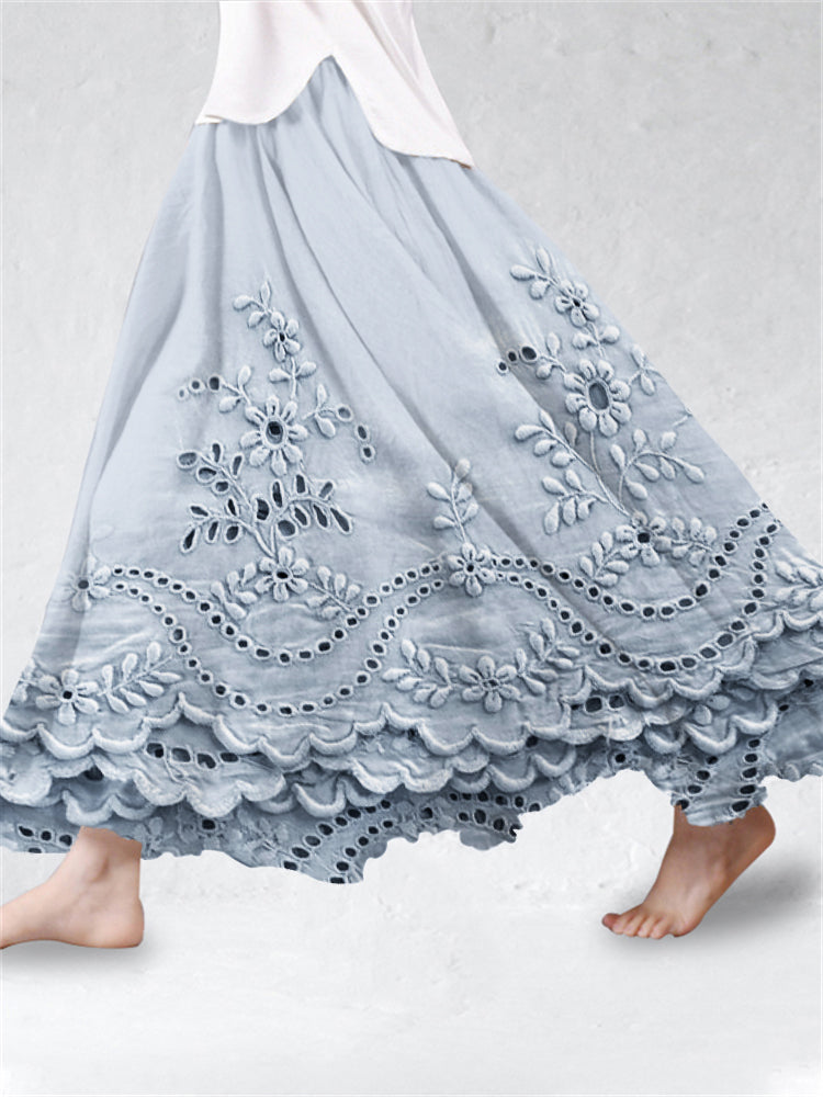Cottage Floral Embroidered Lace Hem Linen Blend Flowy Skirt