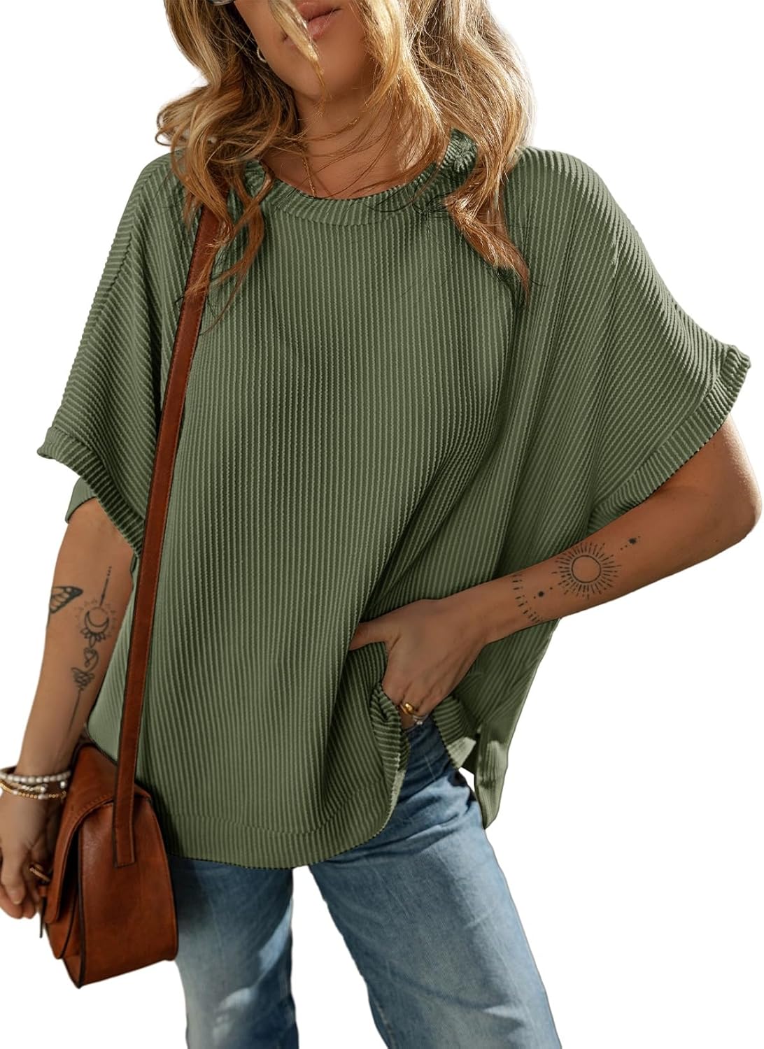 Dokotoo Women's Casual Oversized Short Sleeve Solid Color Loose Texture Knit Tunic Tops Blouses