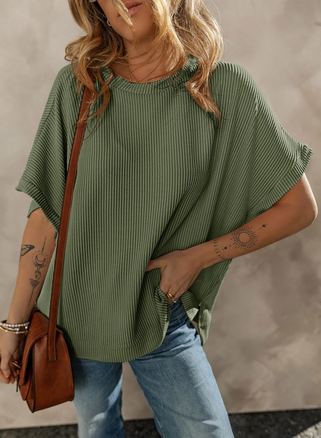 Dokotoo Women's Casual Oversized Short Sleeve Solid Color Loose Texture Knit Tunic Tops Blouses