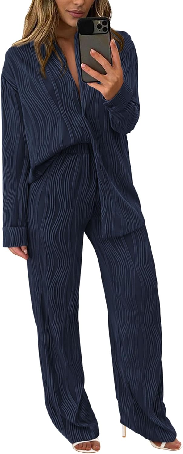 Women's 2 Piece Textured Sets Casual Button Down Shirt Wide Leg Pants Outfit Loungewear Tracksuit