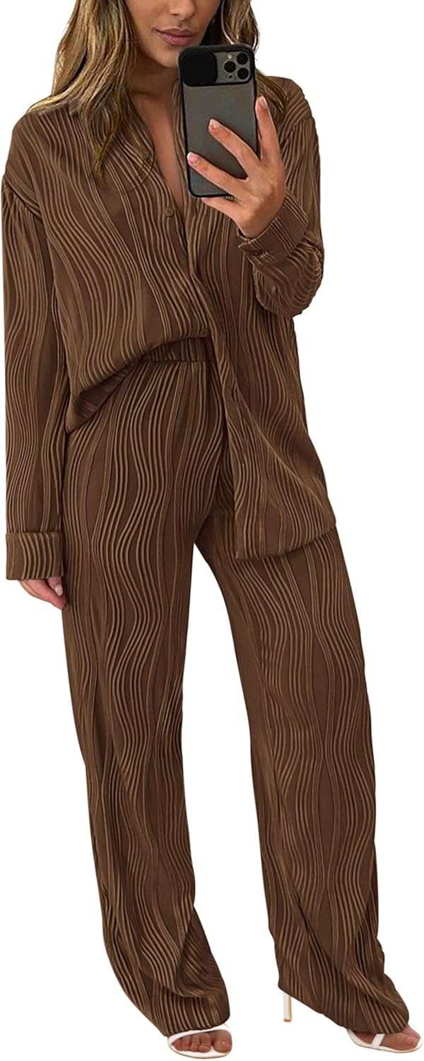 Women's 2 Piece Textured Sets Casual Button Down Shirt Wide Leg Pants Outfit Loungewear Tracksuit