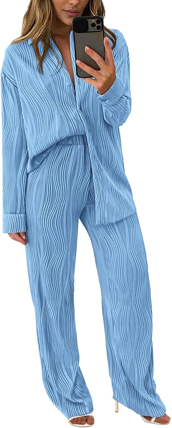 Women's 2 Piece Textured Sets Casual Button Down Shirt Wide Leg Pants Outfit Loungewear Tracksuit