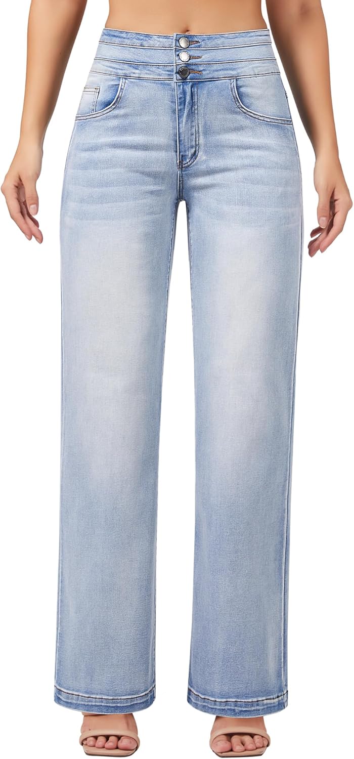 roswear Women's Wide Leg Jeans Casual High Waisted Stretch Baggy Loose Denim Pants