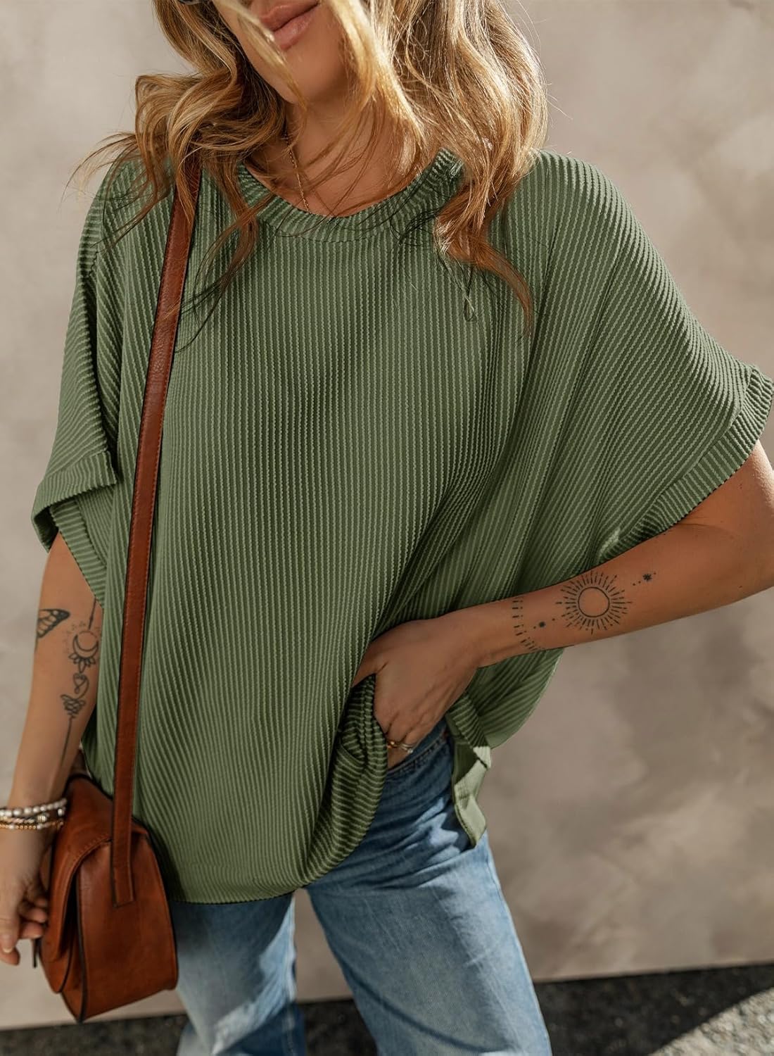 Dokotoo Women's Casual Oversized Short Sleeve Solid Color Loose Texture Knit Tunic Tops Blouses