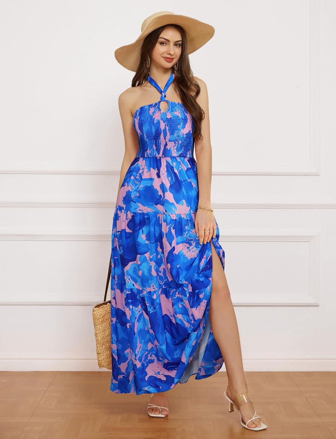 GRACE KARIN Women's Summer Dresses 2025 Halter Neck Sleeveless Smocked Backless Cut Out Floral Flowy A Line Maxi Dress