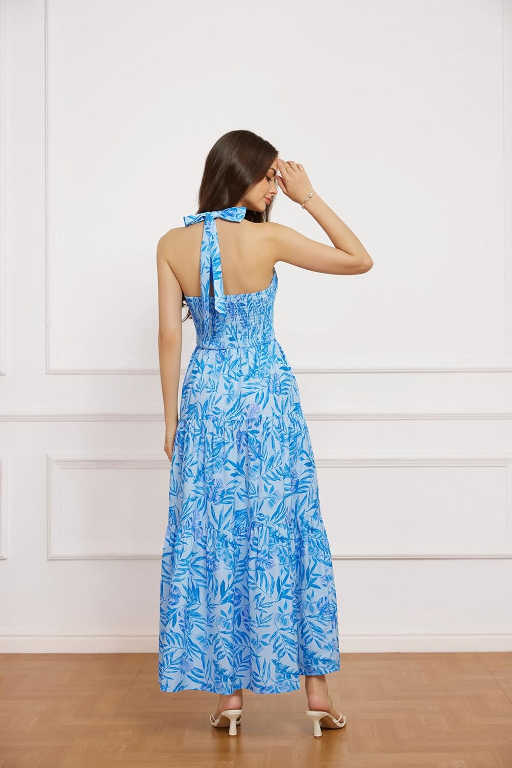 GRACE KARIN Women's Summer Dresses 2025 Halter Neck Sleeveless Smocked Backless Cut Out Floral Flowy A Line Maxi Dress