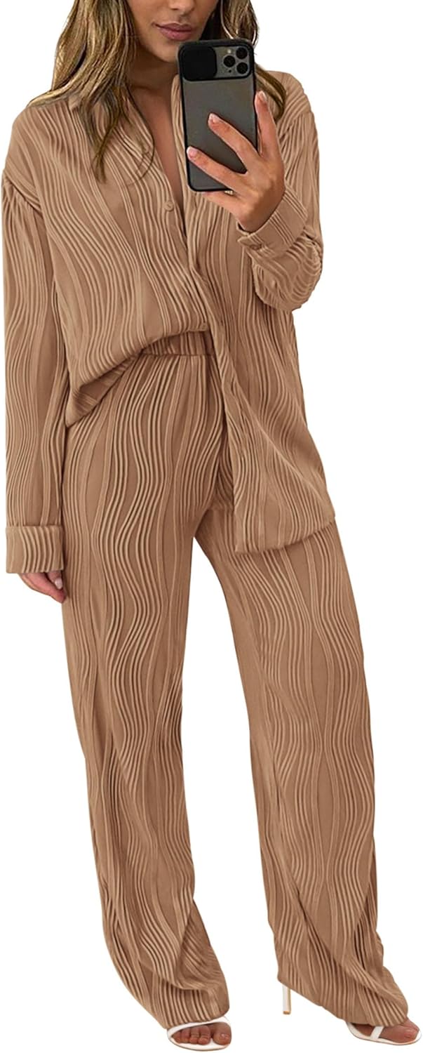 Women's 2 Piece Textured Sets Casual Button Down Shirt Wide Leg Pants Outfit Loungewear Tracksuit