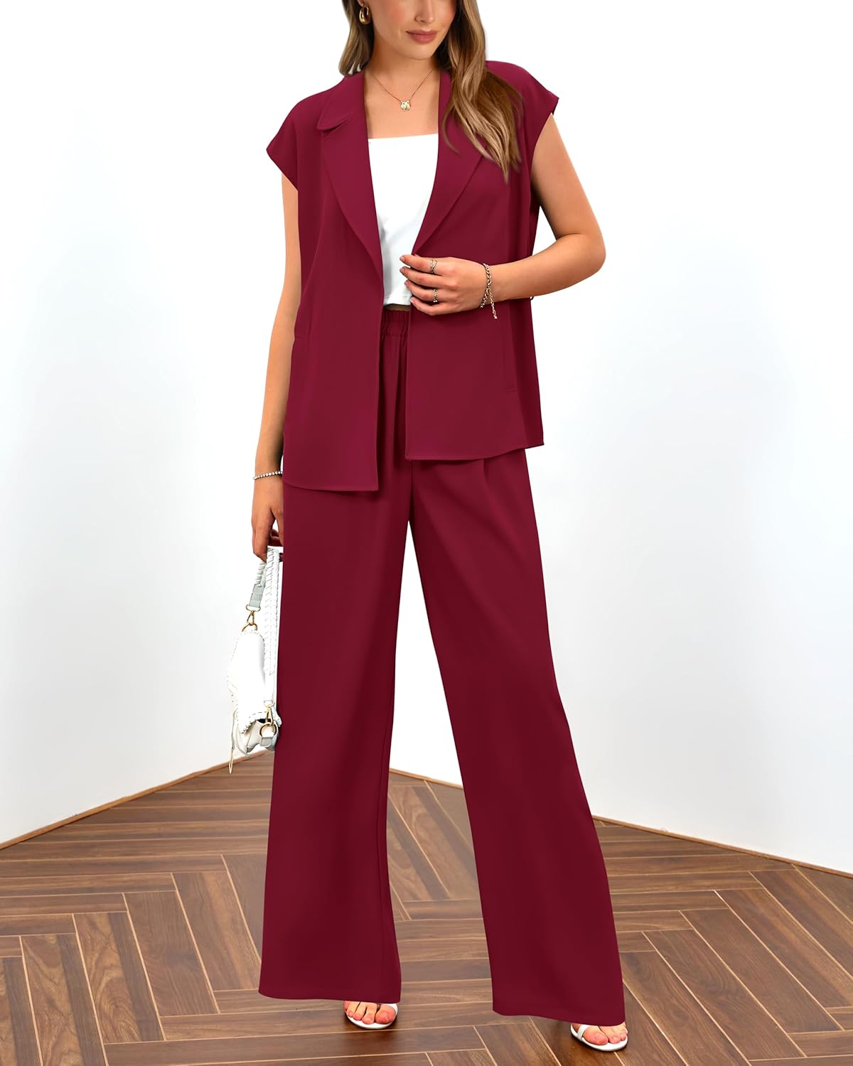 PRETTYGARDEN Women's Summer 2 Piece Outfits 2025 Cap Sleeve V Neck Blazer Vest Wide Leg Pant Sets Office Work Clothes