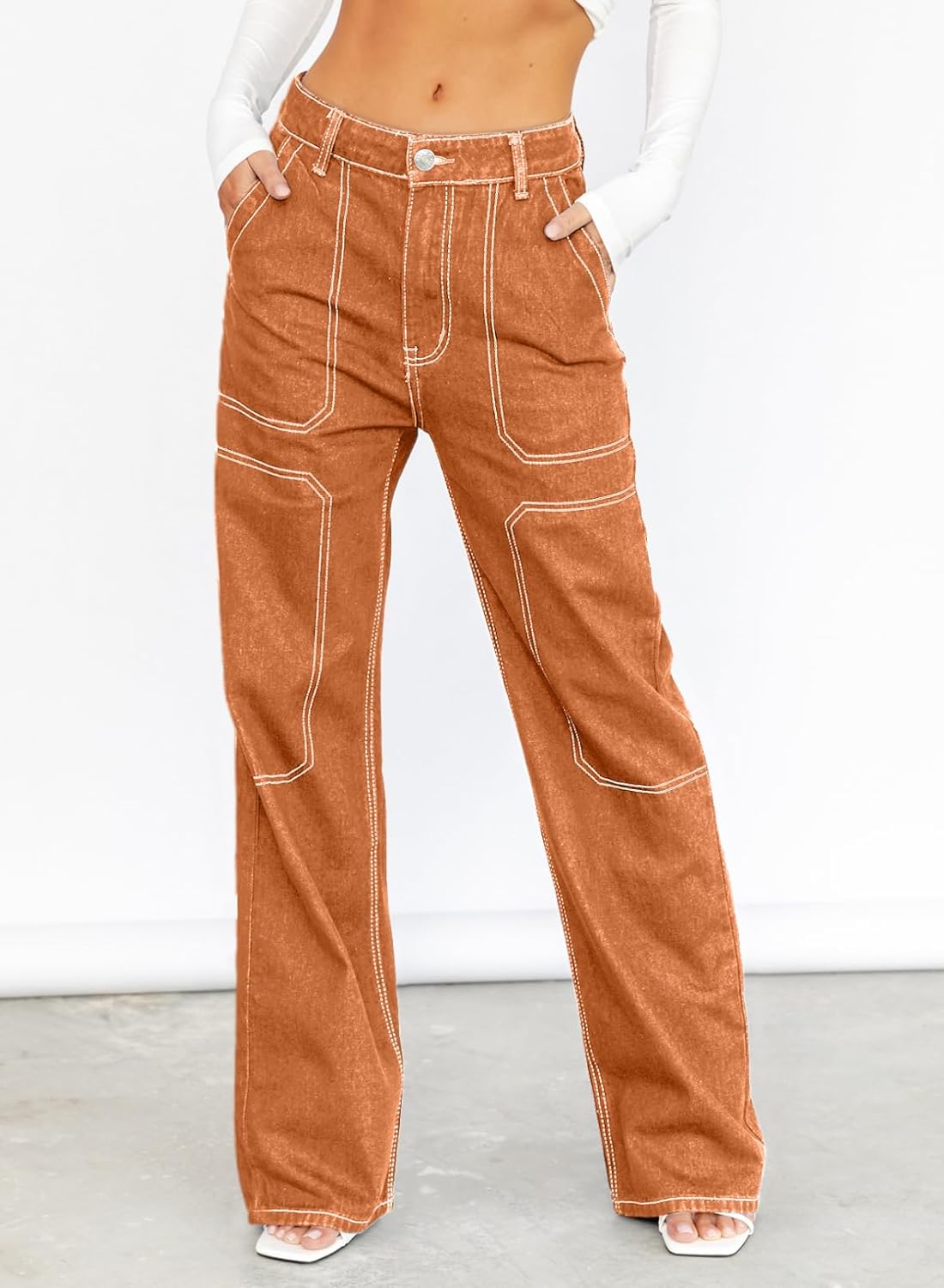 Dokotoo Women's Casual Mid Waist Cargo Jeans Stretch Wide Leg Denim Pants with Pockets