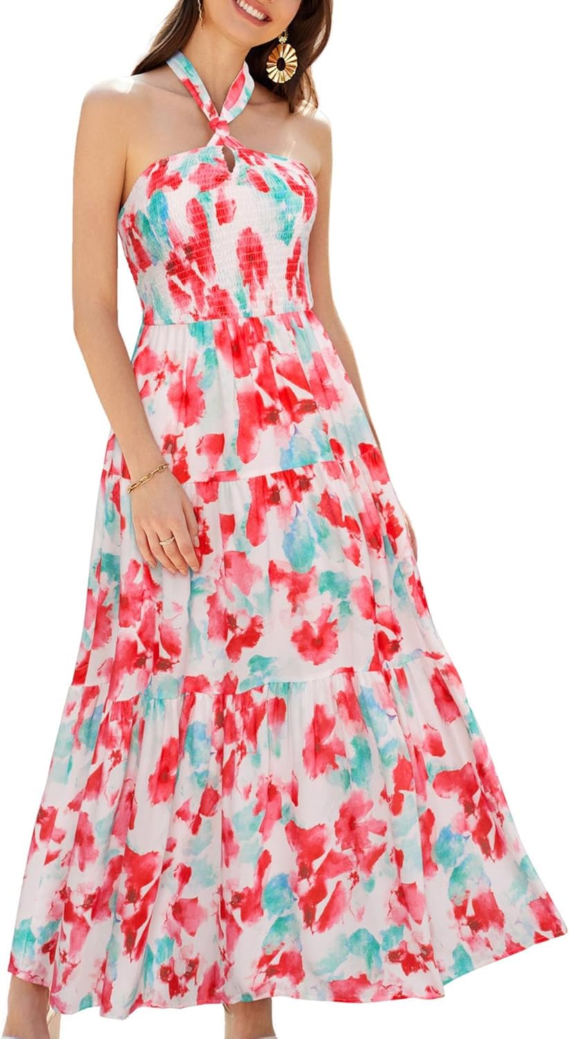 GRACE KARIN Women's Summer Dresses 2025 Halter Neck Sleeveless Smocked Backless Cut Out Floral Flowy A Line Maxi Dress