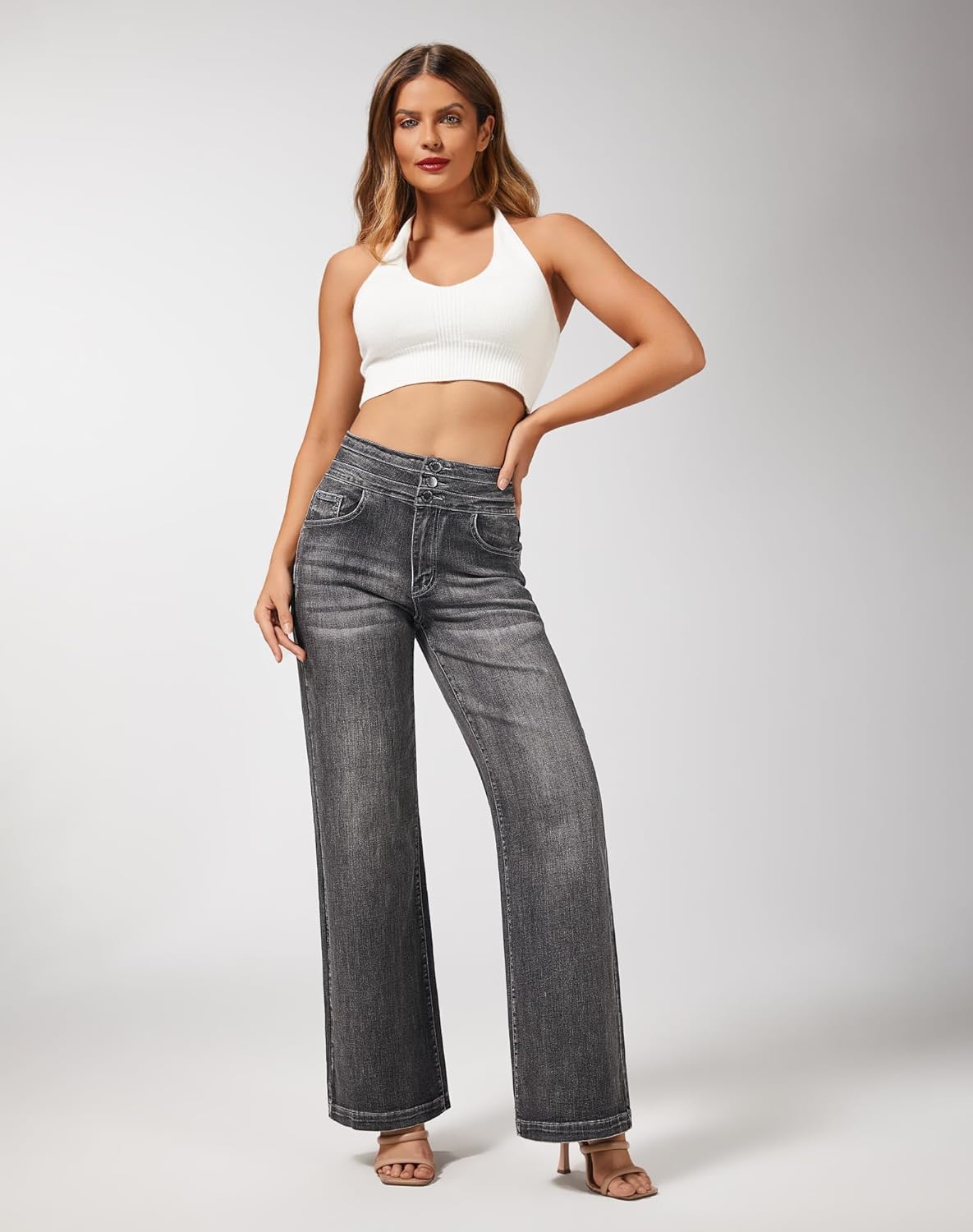 roswear Women's Wide Leg Jeans Casual High Waisted Stretch Baggy Loose Denim Pants