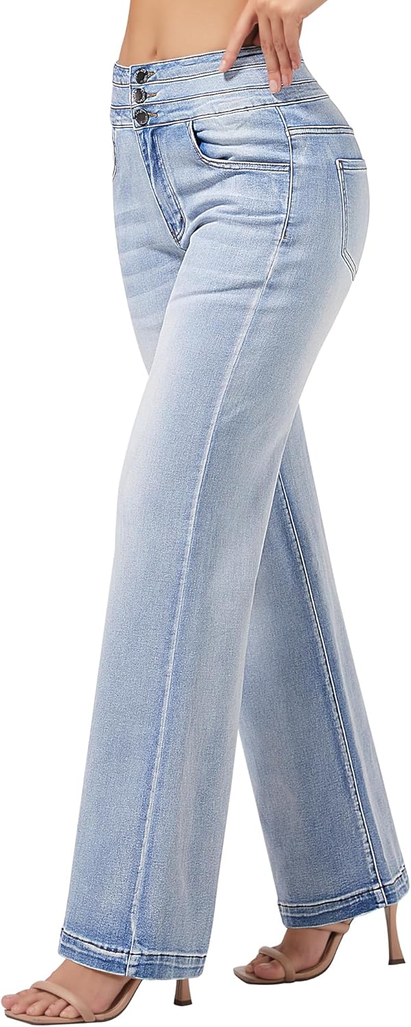 roswear Women's Wide Leg Jeans Casual High Waisted Stretch Baggy Loose Denim Pants