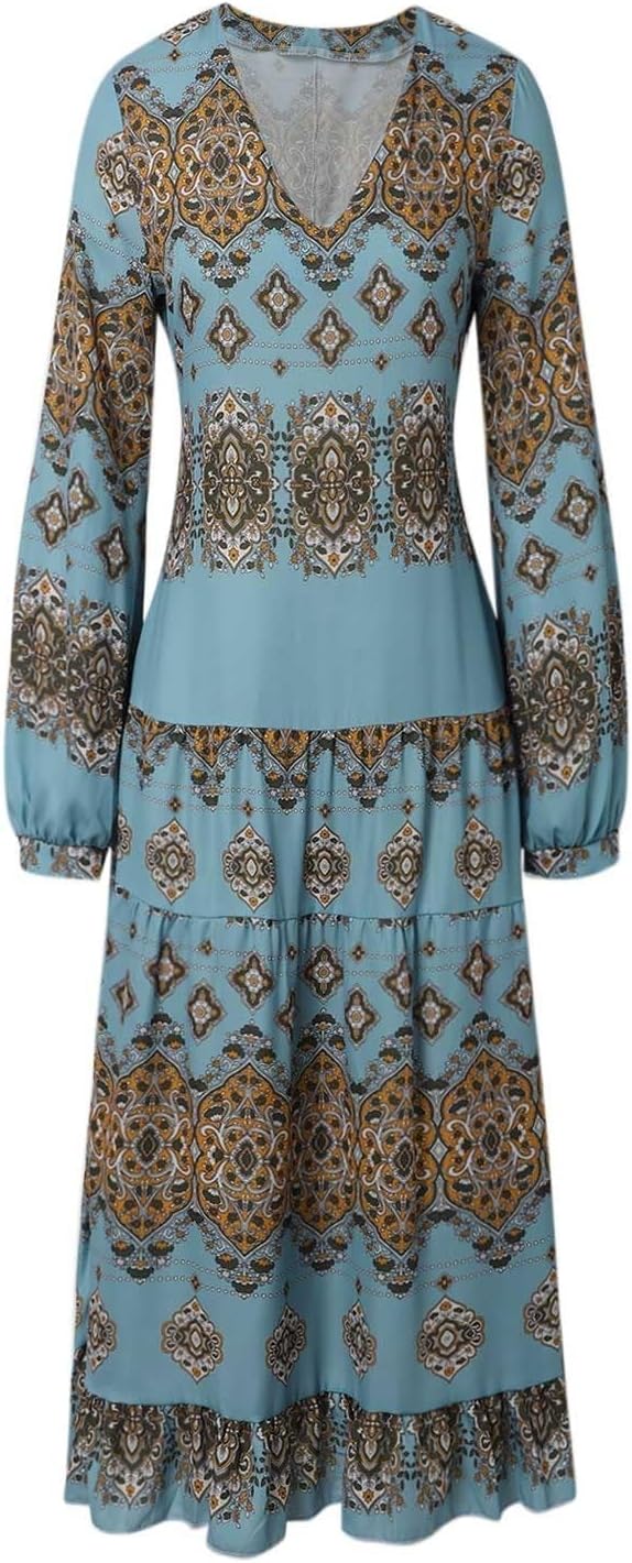 Women's Flowy Ethnic Puff Long Sleeve Midi Dress Casual Boho Floral Swing V-Neck Vacation Ruffle Dress with Belt
