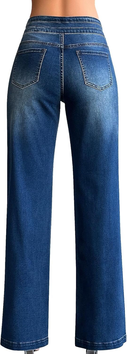 roswear Women's Wide Leg Jeans Casual High Waisted Stretch Baggy Loose Denim Pants