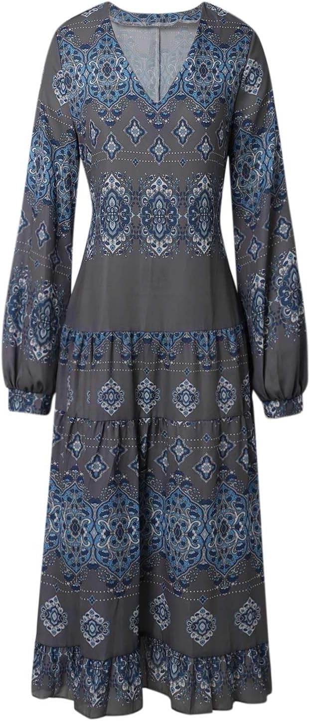 Women's Flowy Ethnic Puff Long Sleeve Midi Dress Casual Boho Floral Swing V-Neck Vacation Ruffle Dress with Belt