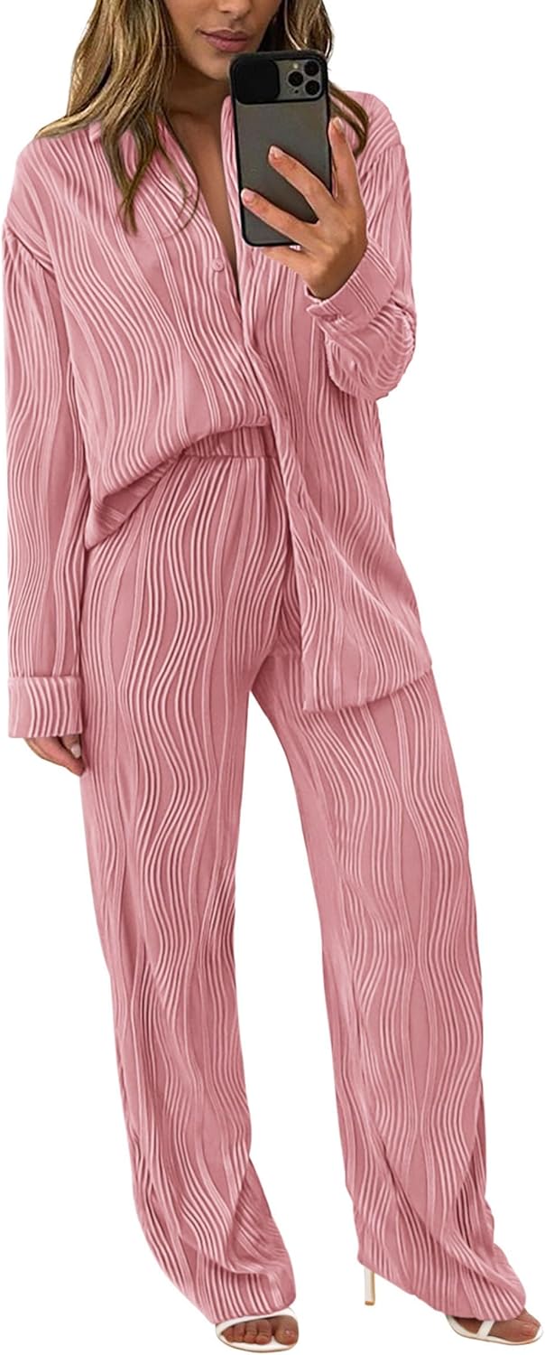 Women's 2 Piece Textured Sets Casual Button Down Shirt Wide Leg Pants Outfit Loungewear Tracksuit