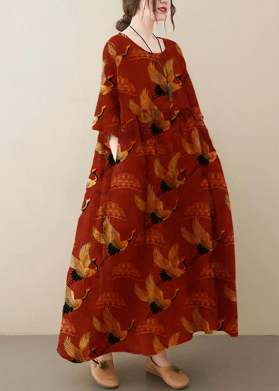 Natural light Yellow O-Neck Pockets Print Summer Sundress