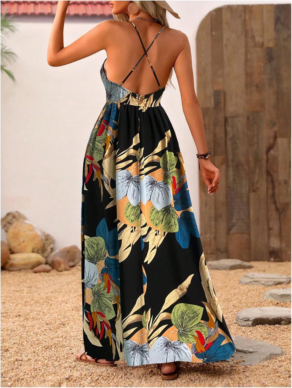 MakeMeChic Women's Boho V Neck Sleeveless Maxi Sundress Floral Print Criss Cross Backless Flare Cami Dress