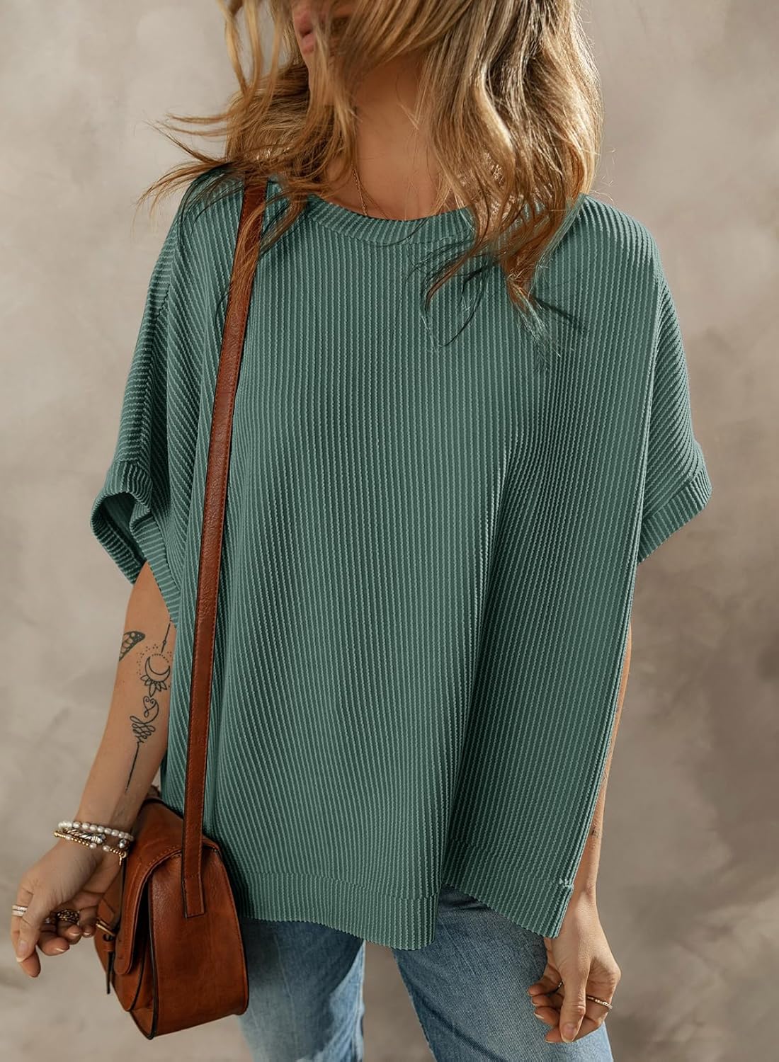 Dokotoo Women's Casual Oversized Short Sleeve Solid Color Loose Texture Knit Tunic Tops Blouses