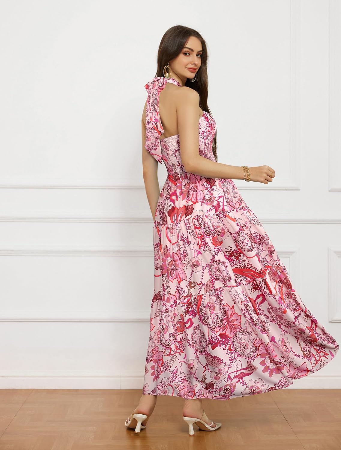GRACE KARIN Women's Summer Dresses 2025 Halter Neck Sleeveless Smocked Backless Cut Out Floral Flowy A Line Maxi Dress