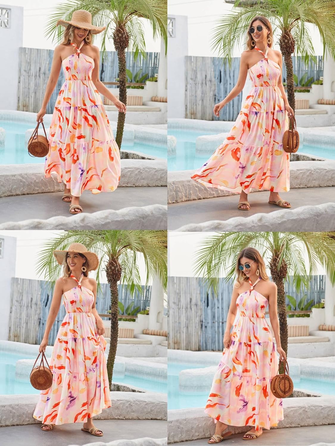 GRACE KARIN Women's Summer Dresses 2025 Halter Neck Sleeveless Smocked Backless Cut Out Floral Flowy A Line Maxi Dress