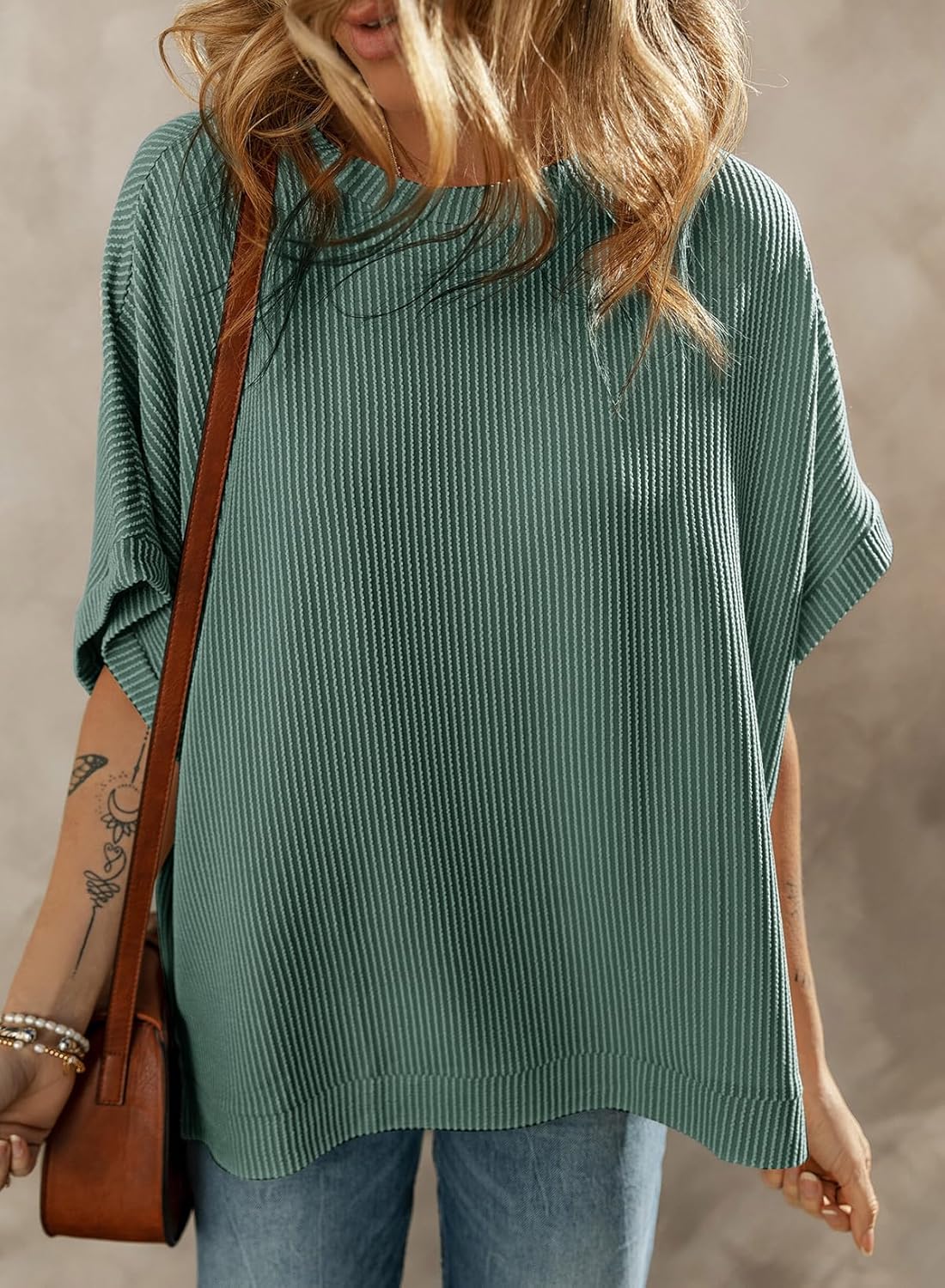 Dokotoo Women's Casual Oversized Short Sleeve Solid Color Loose Texture Knit Tunic Tops Blouses
