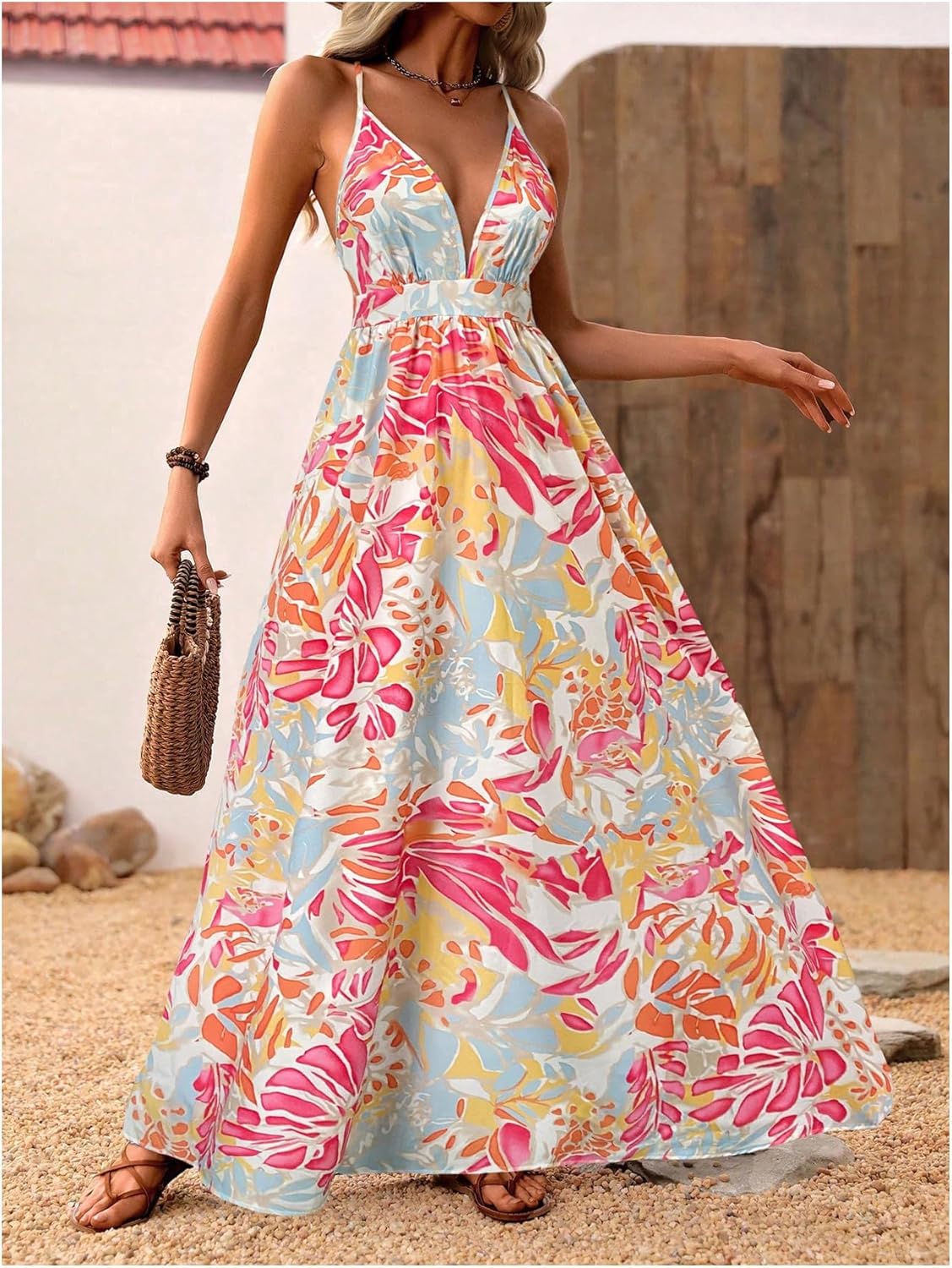 MakeMeChic Women's Boho V Neck Sleeveless Maxi Sundress Floral Print Criss Cross Backless Flare Cami Dress
