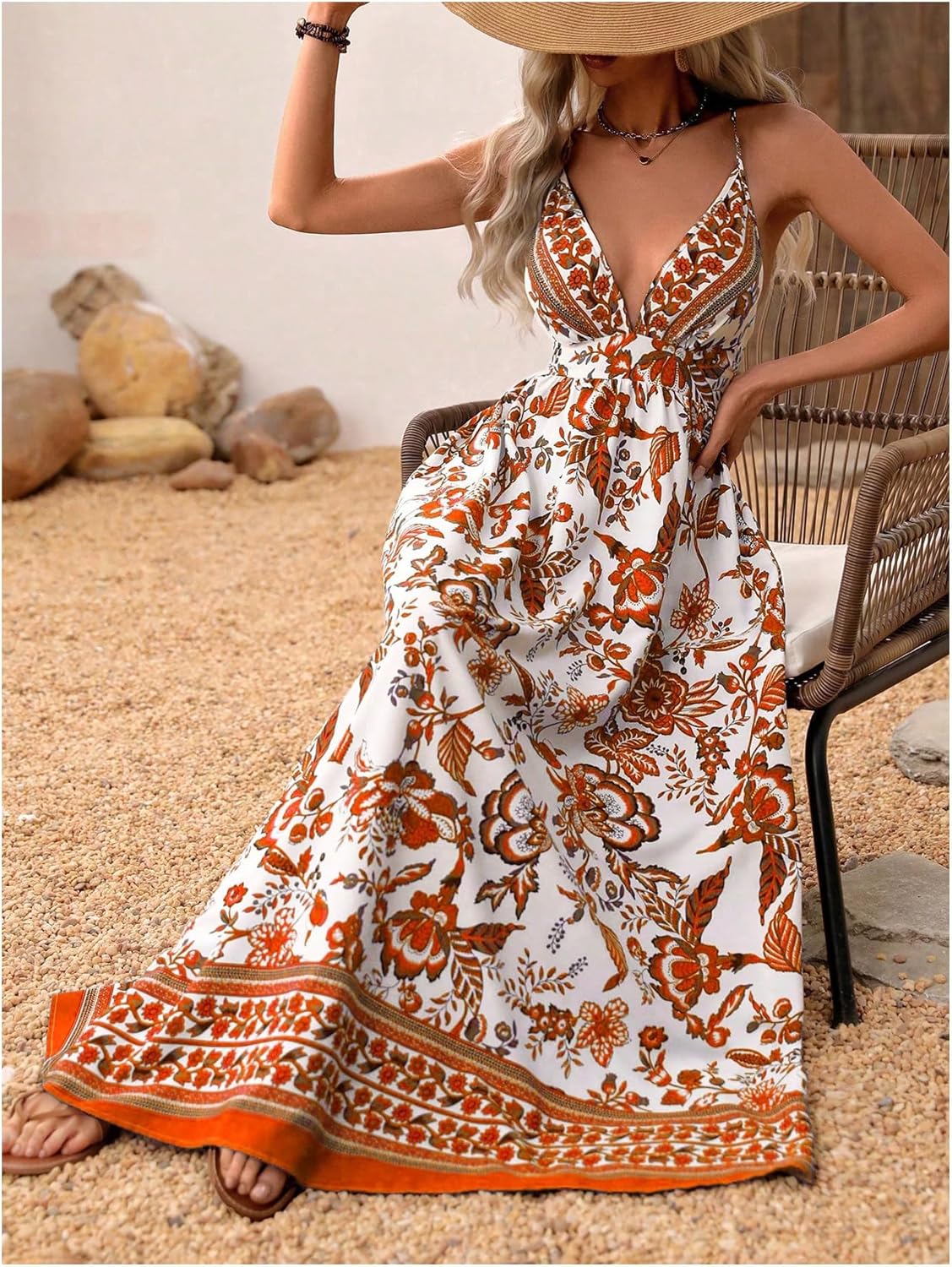 MakeMeChic Women's Boho V Neck Sleeveless Maxi Sundress Floral Print Criss Cross Backless Flare Cami Dress